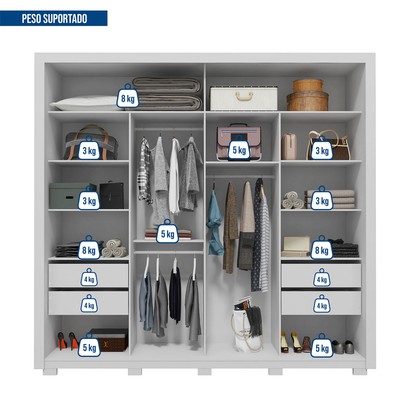 Guarda-Roupa Casal Romanus 2 Portas 4 Gavetas com Espelho Branco - Caemmun