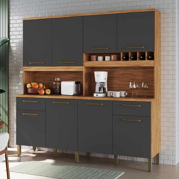 Cozinha Compacta Cabernet Prime 8 Portas 2 Gavetas 100% Mdf Amêndoa/Chumbo - Rio Doce