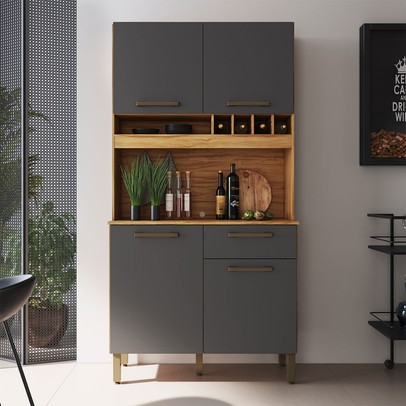 Cozinha Compacta Pinot 4 Portas 1 Gaveta 100% Mdf Chumbo/Amêndoa - Rio Doce