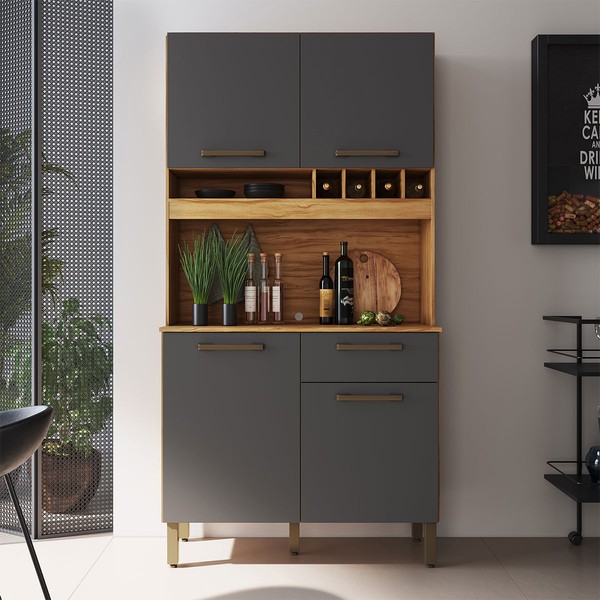 Cozinha Compacta Pinot 4 Portas 1 Gaveta 100% Mdf Chumbo/Amêndoa - Rio Doce