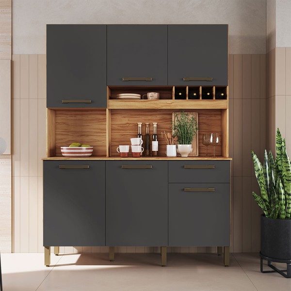 Cozinha Compacta Pinot 6 Portas 1 Gaveta 100% Mdf Amêndoa/Chumbo - Rio Doce