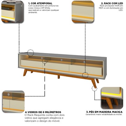 Rack para TV Até 85 Polegadas Requinte 3 Gavetas 100% Mdf com Pés e Led Cinza/Off White - Gelius
