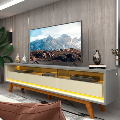 Rack para TV Até 85 Polegadas Requinte 3 Gavetas 100% Mdf com Pés e Led Cinza/Off White - Gelius