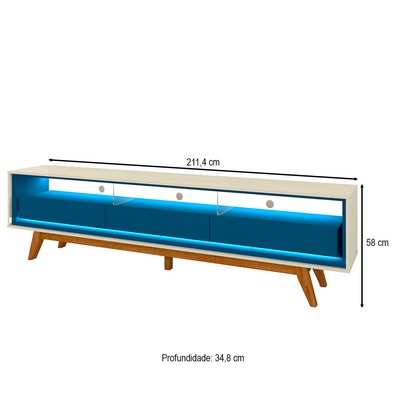Rack para TV Até 85 Polegadas Requinte 3 Gavetas 100% Mdf com Pés e Led Off White/Azul Royal - Gelius