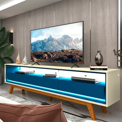 Rack para TV Até 85 Polegadas Requinte 3 Gavetas 100% Mdf com Pés e Led Off White/Azul Royal - Gelius