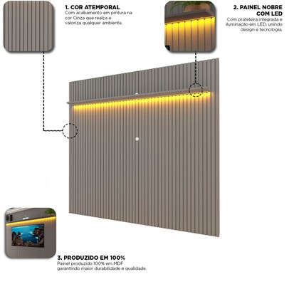 Painel para TV Até 85 Polegadas Nobre 1 Prateleira Ripado 100% Mdf Cinza - Gelius