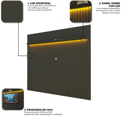 Painel para TV Até 85 Polegadas Nobre 1 Prateleira Ripado 100% Mdf Grafite - Gelius