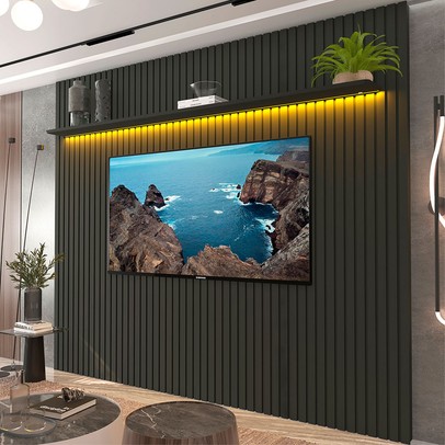 Painel para TV Até 85 Polegadas Nobre 1 Prateleira Ripado 100% Mdf Grafite - Gelius