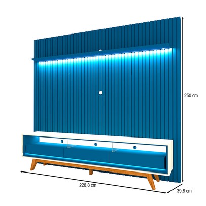 Rack com Painel para TV Até 85 Polegadas Nobre 3 Gavetas Ripado 100% Mdf com Led Azul Royal/Off White - Gelius