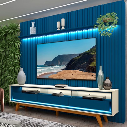 Rack com Painel para TV Até 85 Polegadas Nobre 3 Gavetas Ripado 100% Mdf com Led Azul Royal/Off White - Gelius