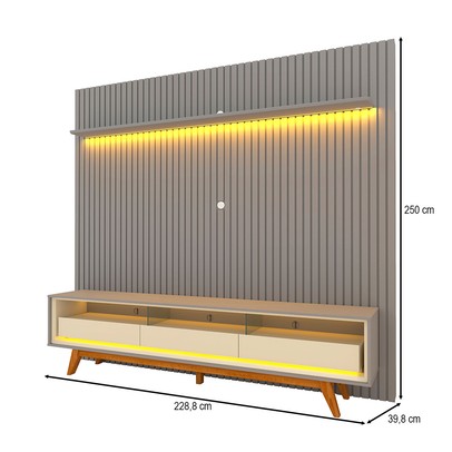 Rack com Painel para TV Até 85 Polegadas Nobre 3 Gavetas Ripado 100% Mdf com Led Cinza/Off White - Gelius