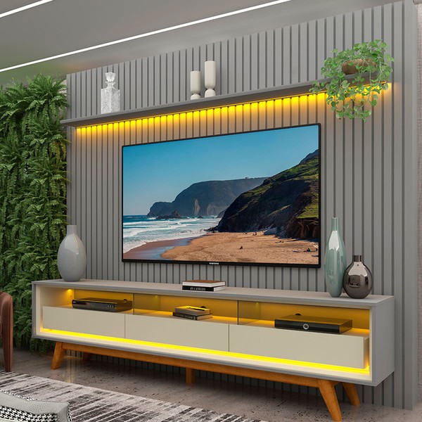 Rack com Painel para TV Até 85 Polegadas Nobre 3 Gavetas Ripado 100% Mdf com Led Cinza/Off White - Gelius
