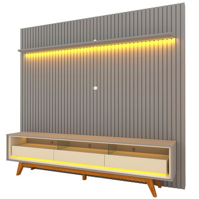 Rack com Painel para TV Até 85 Polegadas Nobre 3 Gavetas Ripado 100% Mdf com Led Cinza/Off White - Gelius