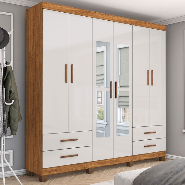 Guarda-Roupa Casal Mondo 6 Portas 4 Gavetas com Pés e Espelho Cinamomo/Off White - Pnr Móveis
