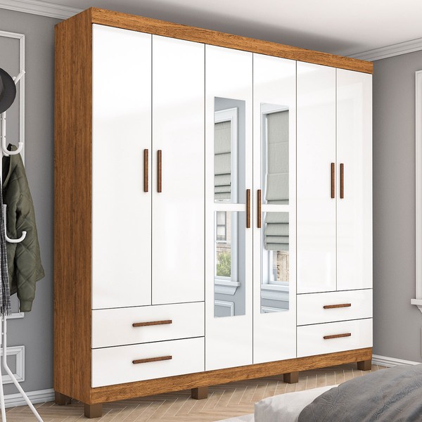 Guarda-Roupa Casal Mondo 6 Portas 4 Gavetas com Pés e Espelho Cinamomo/Branco - Pnr Móveis
