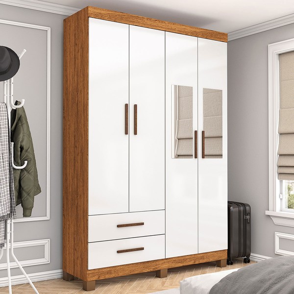 Guarda-Roupa Solteiro Solo 4 Portas 2 Gavetas com Pés e Espelho Cinamomo/Branco - Pnr Móveis