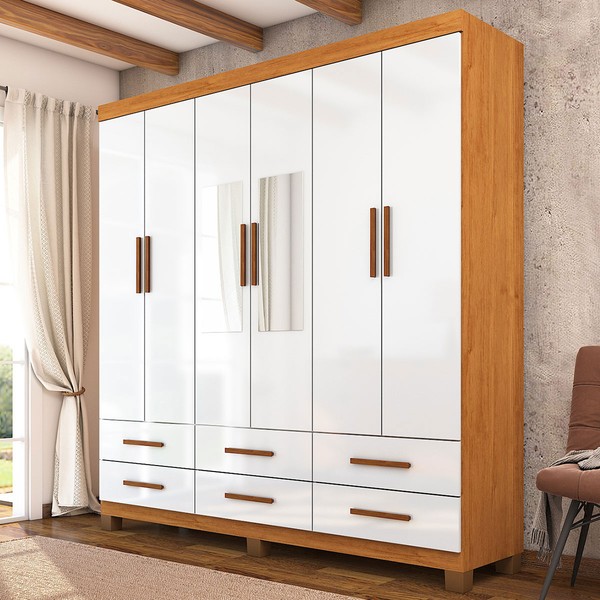 Guarda-Roupa Solteiro Aria 6 Portas 6 Gavetas com Pés e Espelho Cinamomo/Branco - Pnr Móveis