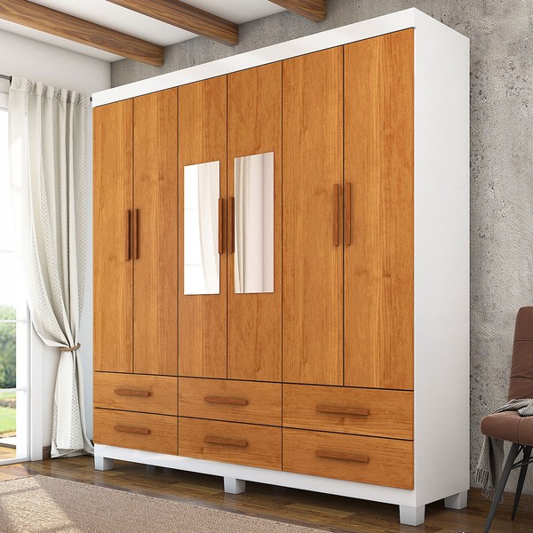 Guarda-Roupa Solteiro Aria 6 Portas 6 Gavetas com Pés e Espelho Branco/Cinamomo - Pnr Móveis