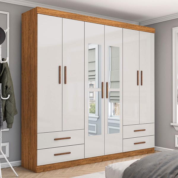 Guarda-Roupa Casal Mondo 6 Portas 4 Gavetas com Espelho Cinamomo/Off White - Pnr Móveis