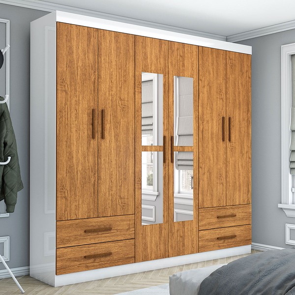 Guarda-Roupa Casal Mondo 6 Portas 4 Gavetas com Espelho Branco/Cinamomo - Pnr Móveis
