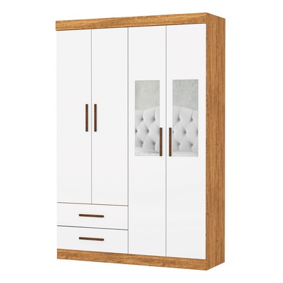 Guarda-Roupa Solteiro Solo 4 Portas 2 Gavetas com Espelho Cinamomo/Branco - Pnr Móveis