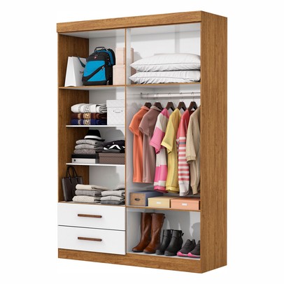 Guarda-Roupa Solteiro Solo 4 Portas 2 Gavetas com Espelho Cinamomo/Branco - Pnr Móveis