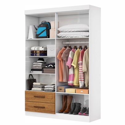 Guarda-Roupa Solteiro Solo 4 Portas 2 Gavetas com Espelho Branco/Cinamomo - Pnr Móveis