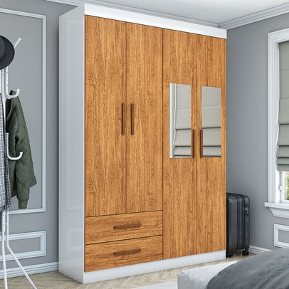 Guarda-Roupa Solteiro Solo 4 Portas 2 Gavetas com Espelho Branco/Cinamomo - Pnr Móveis