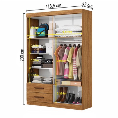 Guarda-Roupa Solteiro Solo 4 Portas 2 Gavetas com Espelho Cinamomo - Pnr Móveis