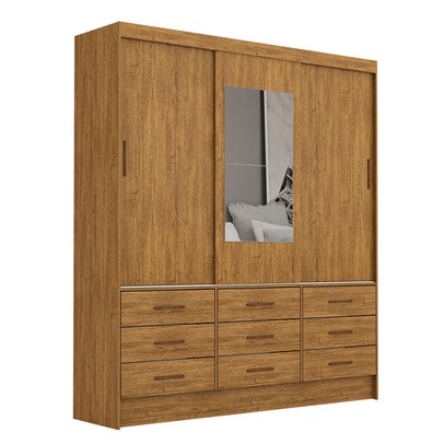 Guarda-Roupa Solteiro Orrizonte 3 Portas 9 Gavetas com Espelho Cinamomo - Pnr Móveis