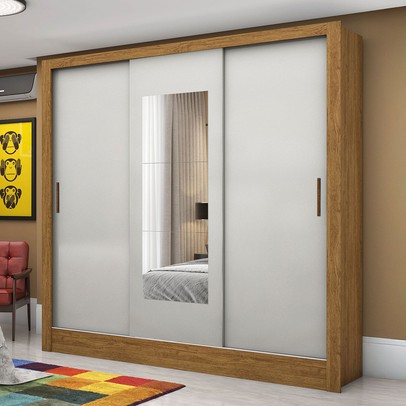 Guarda-Roupa Solteiro Dilam 3 Portas de Correr com Espelho Cinamomo/Off White - Pnr Móveis