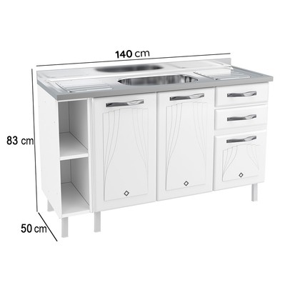 Balcão de Cozinha para Pia 140 Cm Star New 3 Portas 2 Gavetas Branco - Telasul