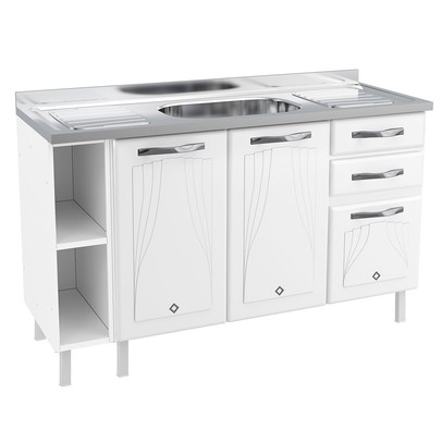 Balcão de Cozinha para Pia 140 Cm Star New 3 Portas 2 Gavetas Branco - Telasul