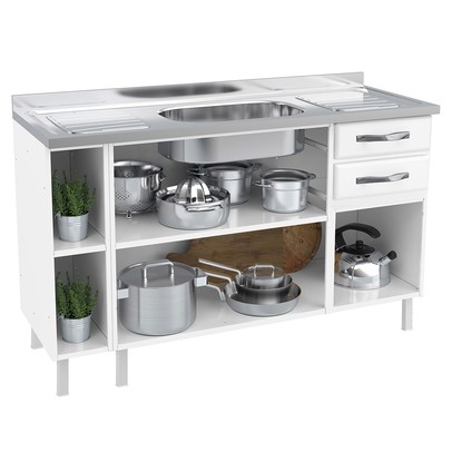 Balcão de Cozinha para Pia 140 Cm Star New 3 Portas 2 Gavetas Branco - Telasul