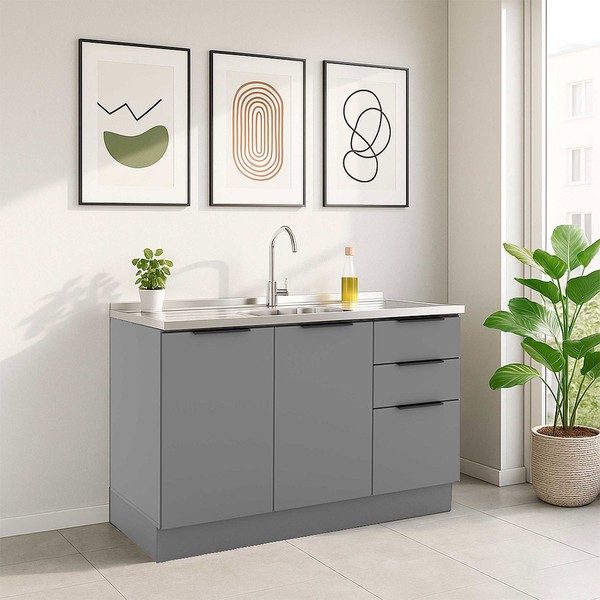 Balcão de Cozinha para Pia 120cm Lumina 2 Portas 3 Gavetas Cinza - Telasul