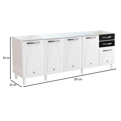 Balcão de Cozinha para Pia 200 Cm Star New 5 Portas 2 Gavetas Preto - Telasul