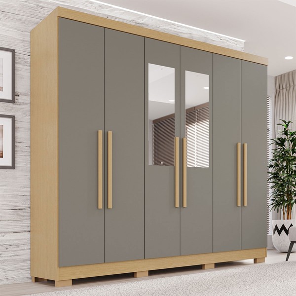 Guarda-Roupa Casal Pinheiro 6 Portas 2 Gavetas com Espelho Jequitibá/Granizo - Pnr Móveis