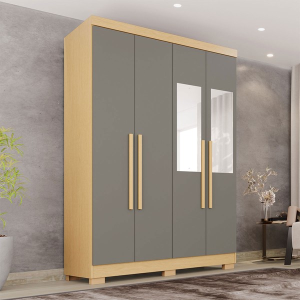 Guarda-Roupa Solteiro Pinheiro 4 Portas 2 Gavetas com Pés e Espelho Jequitibá/Granizo - Pnr Móveis