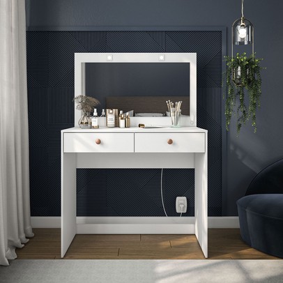 Penteadeira Valence 2 Gavetas com Espelho e Led Branco - Politorno