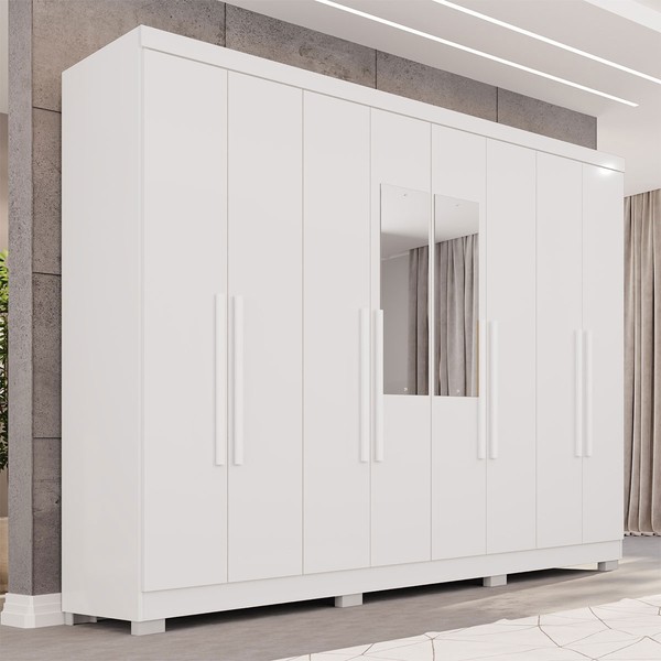 Guarda-Roupa Casal Pinheiro 8 Portas 4 Gavetas com Pés e Espelho Branco - Pnr Móveis