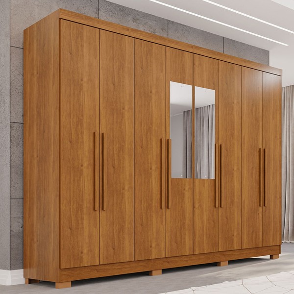 Guarda-Roupa Casal Pinheiro 8 Portas 4 Gavetas com Pés e Espelho Cinamomo - Pnr Móveis