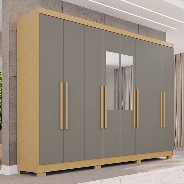 Guarda-Roupa Casal Pinheiro 8 Portas 4 Gavetas com Pés e Espelho Jequitibá/Granizo - Pnr Móveis