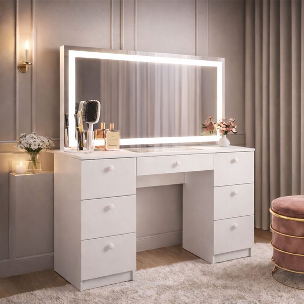 Penteadeira Iris 7 Gavetas com Espelho e Led Branco - Politorno