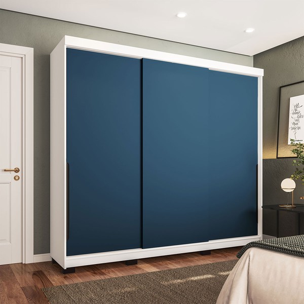 Guarda-Roupa Casal Madrid 3 Portas 4 Gavetas Azul/Branco - Politorno
