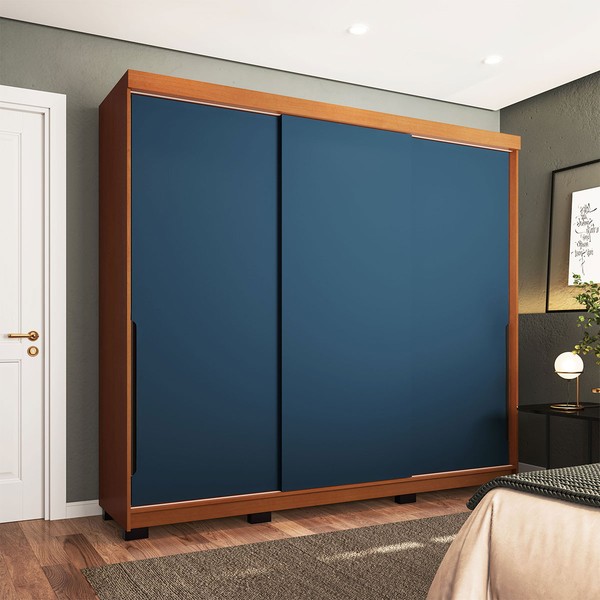 Guarda-Roupa Casal Madrid 3 Portas 4 Gavetas Azul/Freijó - Politorno