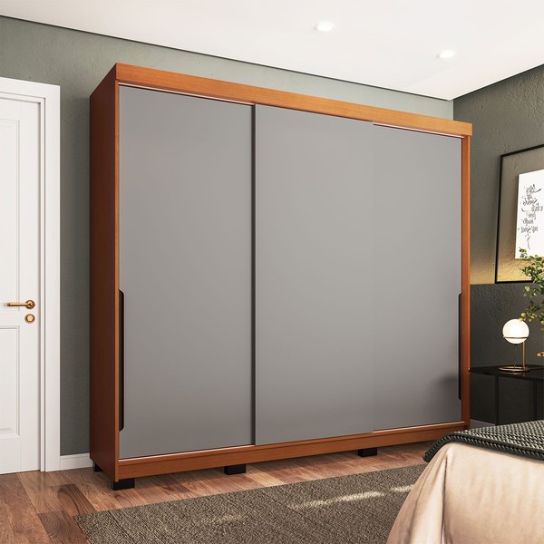 Guarda-Roupa Casal Madrid 3 Portas 4 Gavetas Cinza/Freijó - Politorno