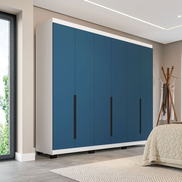 Guarda-Roupa Casal Madrid 6 Portas 4 Gavetas Azul/Branco - Politorno