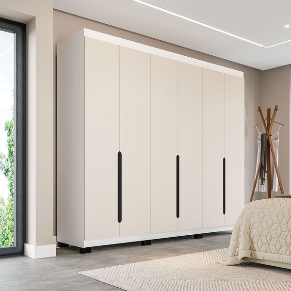Guarda-Roupa Casal Madrid 6 Portas 4 Gavetas Creme/Branco - Politorno