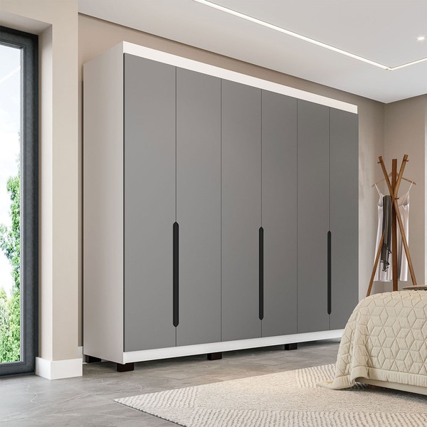 Guarda-Roupa Casal Madrid 6 Portas 4 Gavetas Cinza/Branco - Politorno