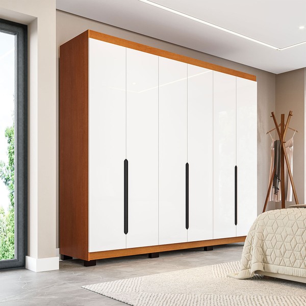 Guarda-Roupa Casal Madrid 6 Portas 4 Gavetas Branco/Freijó - Politorno
